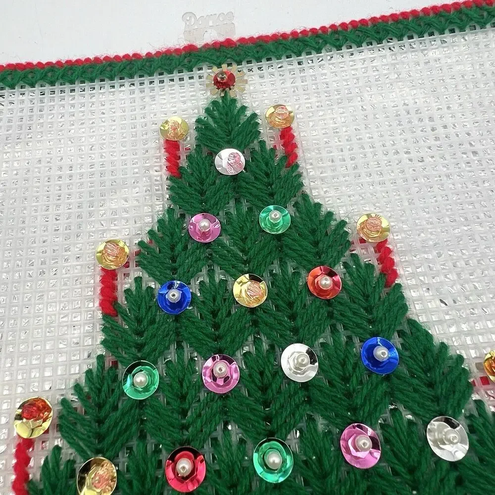 Vtg Christmas Tree Yarn Art Plastic Canvas Sequins Wall Hanging Craft Decor 14